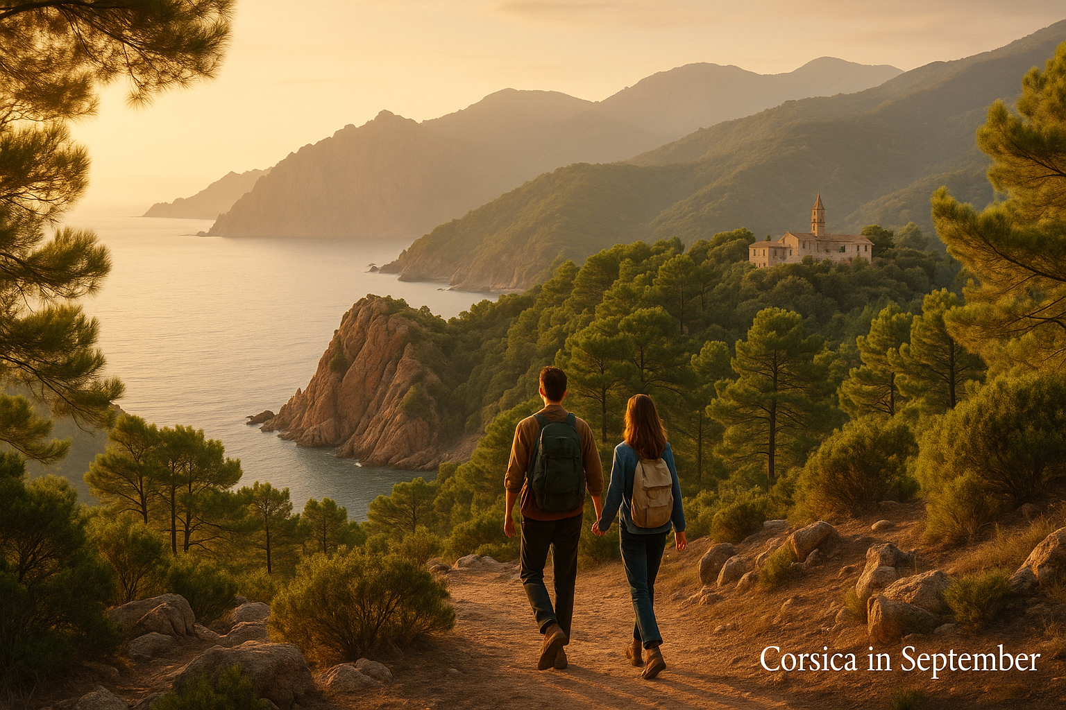 Un couple en randonnée sur un sentier de montagne ensoleillé en Corse en septembre, avec vue sur des falaises couvertes de pins, la mer Méditerranée et un village au sommet d'une colline au coucher du soleil.