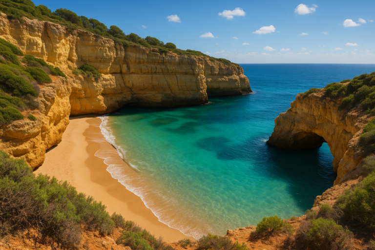Où partir hors saison : crique de l’Algarve bordée de falaises dorées