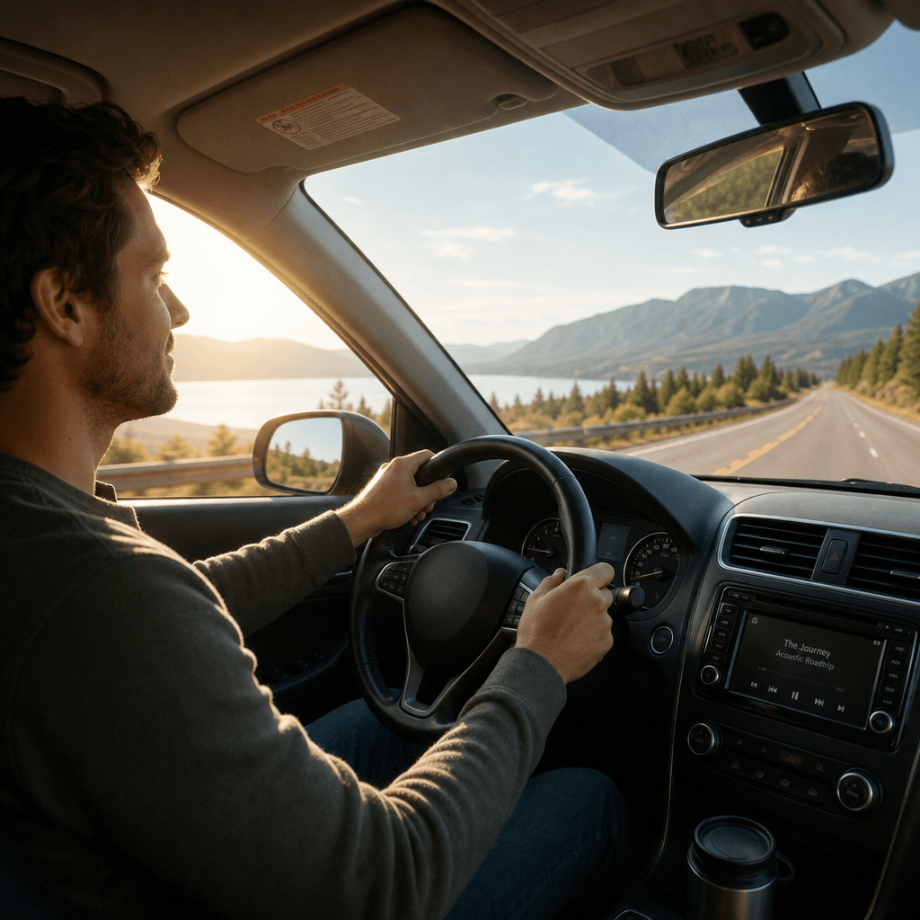 ai_6a6708b898a8a4.50893468 Un conducteur serein roulant en douceur sur une route dégagée, la lumière du soleil filtrant à travers la vitre, ambiance paisible, plan de l'habitacle