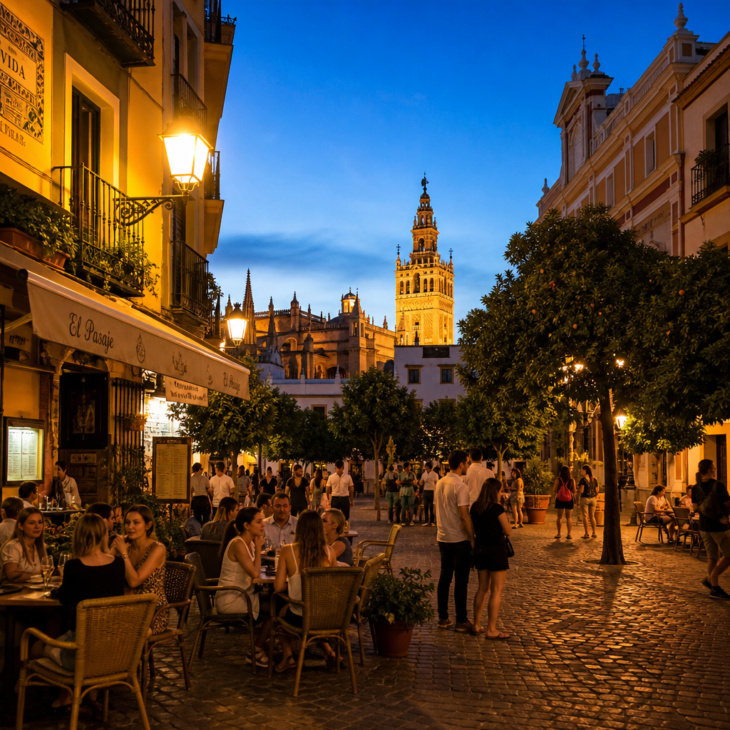 ai_6a7173eb3b7666.22609974 A cozy cobblestone plaza in Seville at dusk, warm streetlights turning on, people dining outside, historic Spanish architecture, warm and safe evening atmosphere, candid travel photo. voyager solo en espagne en septembre