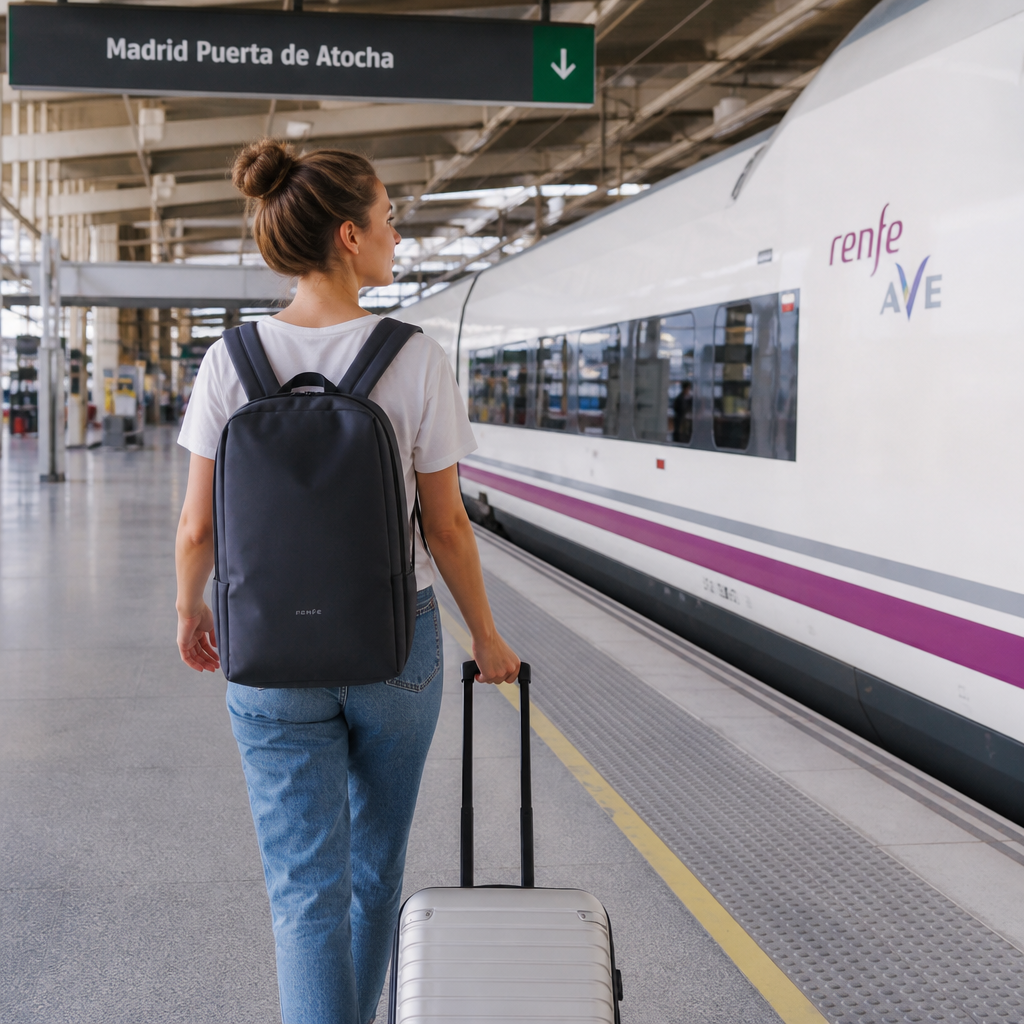 ai_6a717407596054.06663472 A solo traveler with a sleek backpack walking on a modern Spanish train station platform, bright and clean environment, high-speed train in the background, confident and safe vibe, realistic photography. voyage solo by voyageoscope