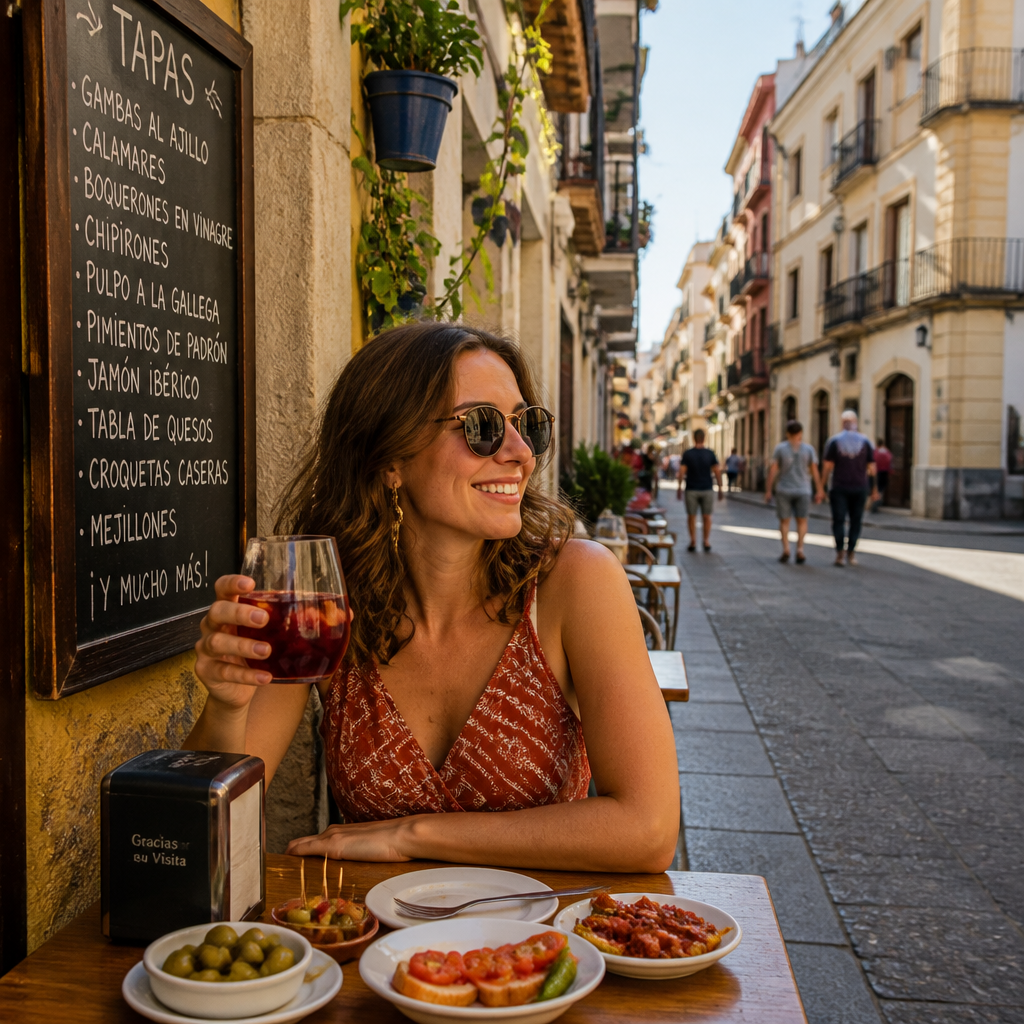 ai_6a7174e46472a7.44672742 A relaxed solo traveler enjoying tapas and a drink at an authentic outdoor Spanish cafe terrace, peaceful late afternoon September sun, smiling, authentic lifestyle travel photography, 4k. voyage solo espagne femme