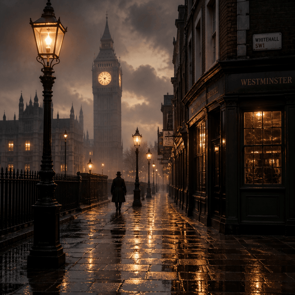 ai_6a758c1bcaa805.64220188 Photographie urbaine de Londres au crépuscule, style cinématique. Une rue pavée et humide de Westminster éclairée par des lampadaires au gaz à l'ancienne. En arrière-plan, la silhouette floue et majestueuse de Big Ben dans la brume du soir. Un passant en pardessus sombre marche au loin, évoquant l'ambiance des romans de Charles Dickens et de Sherlock Holmes. Tons chauds et sombres, reflets brillants sur le bitume mouillé. voyages littéraires