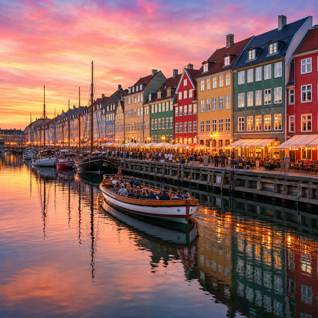 ai_6a75904d178897.13879468 Photographie de paysage urbain de rêve. Le canal de Nyhavn à Copenhague au coucher du soleil. Les façades colorées des maisons (rouge, jaune, vert) se reflètent parfaitement dans l'eau calme. Un bateau en bois traditionnel transportant quelques touristes navigue doucement. Le ciel est un dégradé de rose tendre, d'orange et de bleu lavande. L'éclairage chaud des bâtiments commence à s'allumer le long du quai. Ambiance romantique, magique et intemporelle.