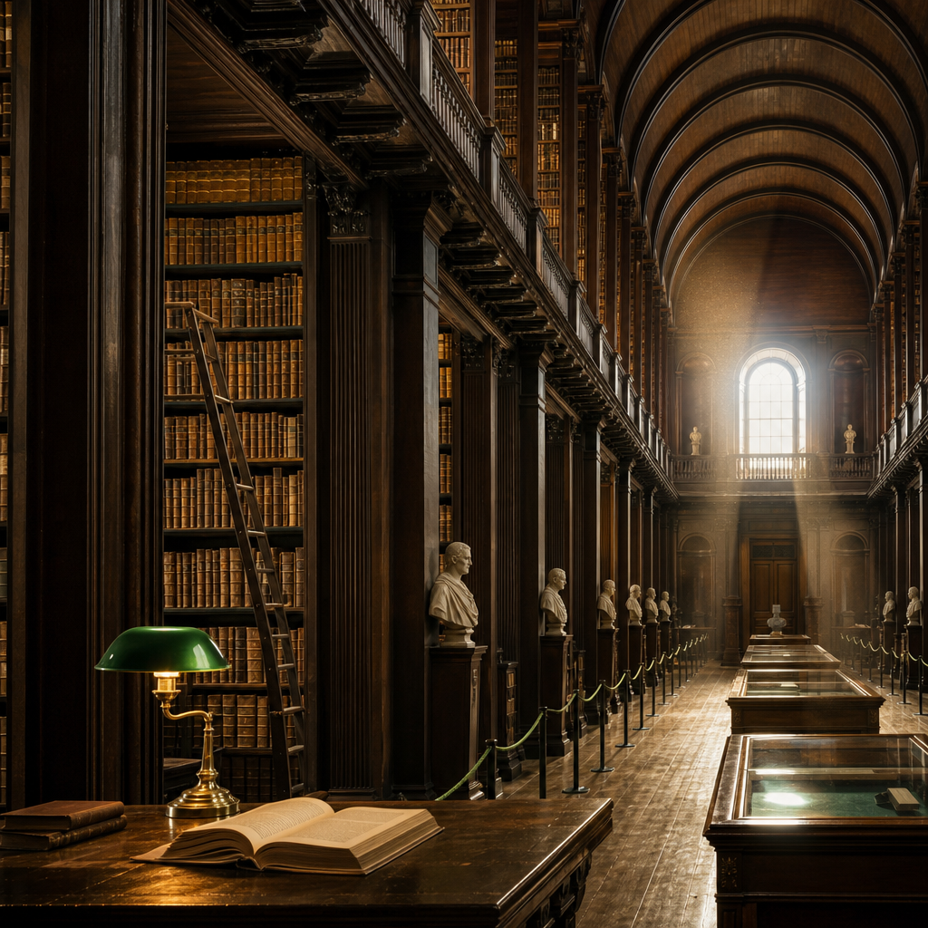 ai_6a7590d9883786.94470617 Photographie d'intérieur majestueuse, plan moyen d'une bibliothèque historique en bois de chêne foncé à Dublin (style Long Room). Des étagères massives montent jusqu'au plafond voûté, remplies de rangées de vieux livres reliés en cuir doré. Une douce lumière naturelle filtre à travers de grandes fenêtres en arche, illuminant des particules de poussière dans l'air. Ambiance feutrée, studieuse et intemporelle, teintes de bois chaleureuses et de vert bouteille.
