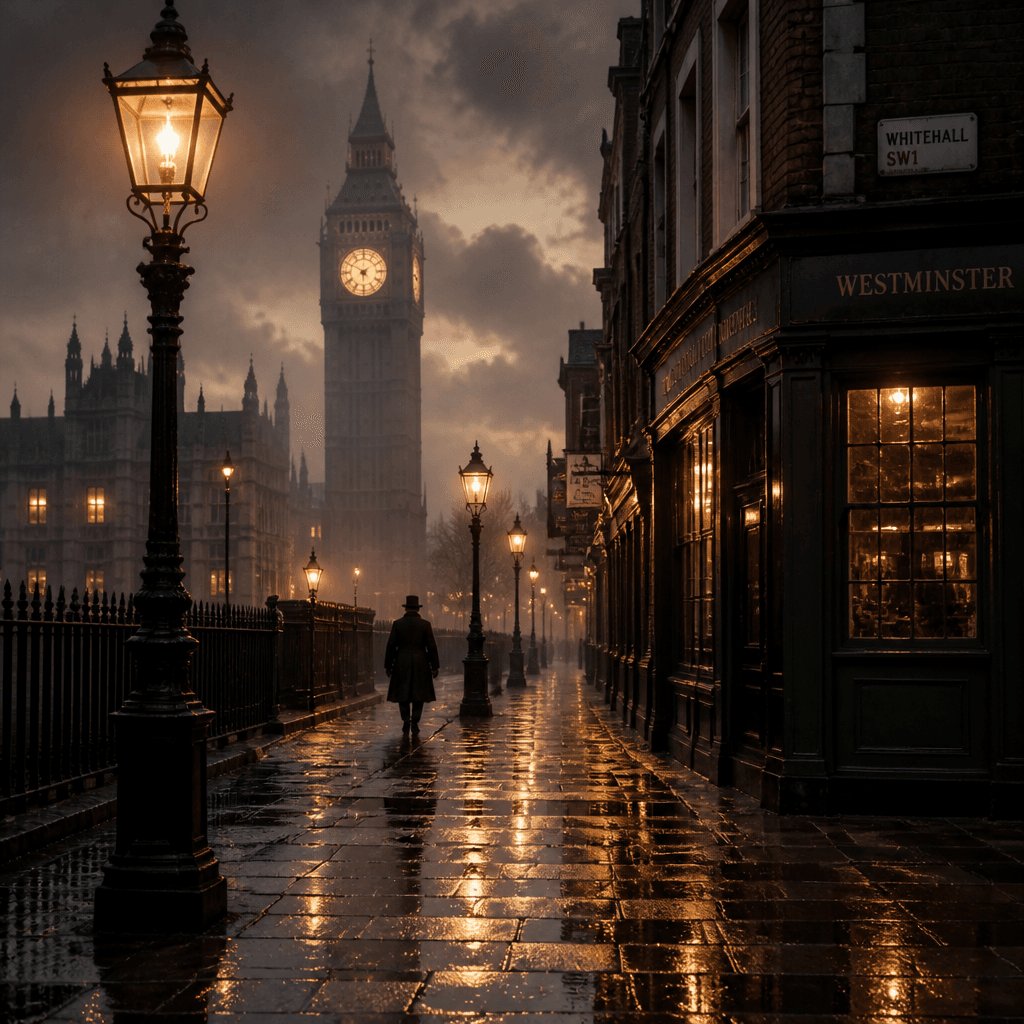 ai_6a758c1bcaa805.64220188 Photographie urbaine de Londres au crépuscule, style cinématique. Une rue pavée et humide de Westminster éclairée par des lampadaires au gaz à l'ancienne. En arrière-plan, la silhouette floue et majestueuse de Big Ben dans la brume du soir. Un passant en pardessus sombre marche au loin, évoquant l'ambiance des romans de Charles Dickens et de Sherlock Holmes. Tons chauds et sombres, reflets brillants sur le bitume mouillé. voyages littéraires