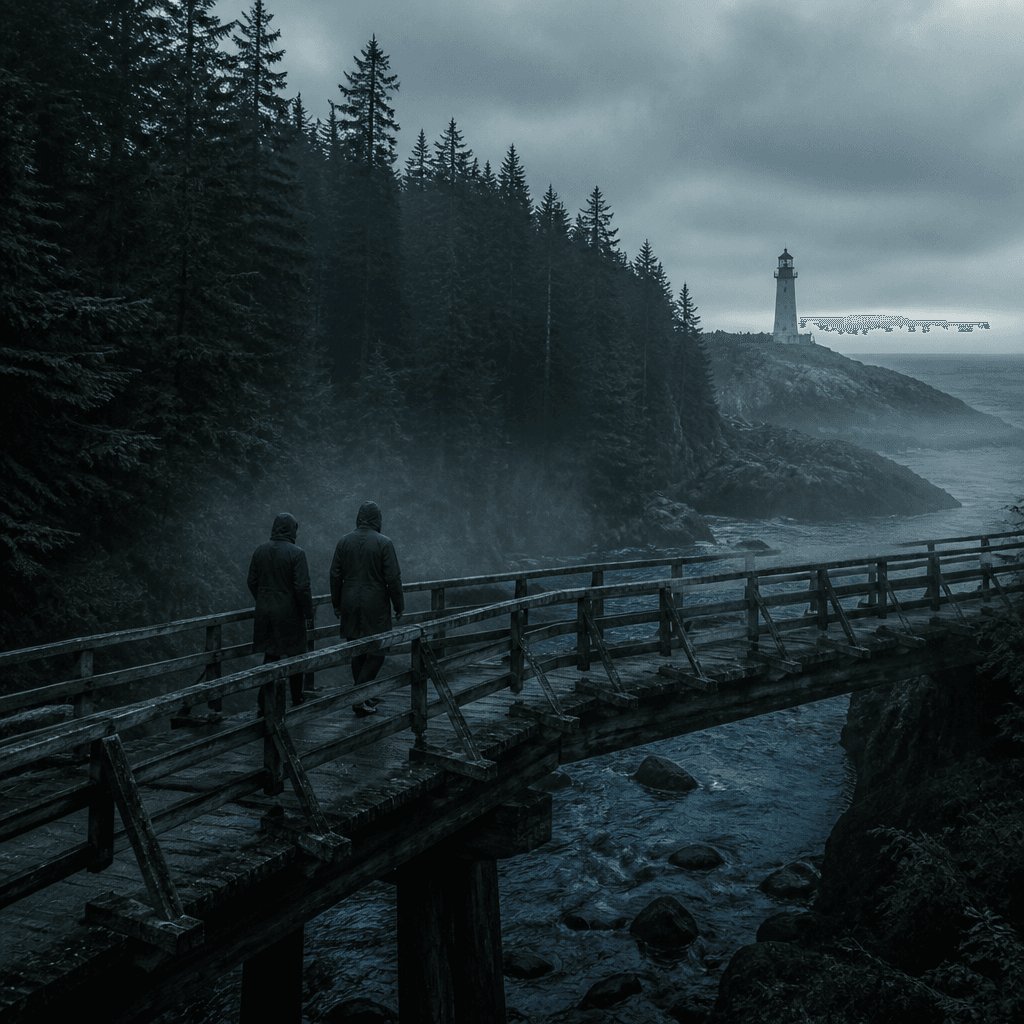 ai_6a758df3ec95b3.29877485 tourisme litteraire Photographie d'ambiance moody et sombre (dark academia). Un couple en imperméables marche sur un pont en bois vermoulu surplombant une rivière brumeuse et une forêt dense de conifères typique du Maine. À l'horizon, sous un ciel gris et couvert, se détache la silhouette solitaire d'un phare ancien et isolé, planté sur une côte rocheuse. Tons froids, verts profonds, bleu ardoise. Style photojournalisme de voyage, très texturé.