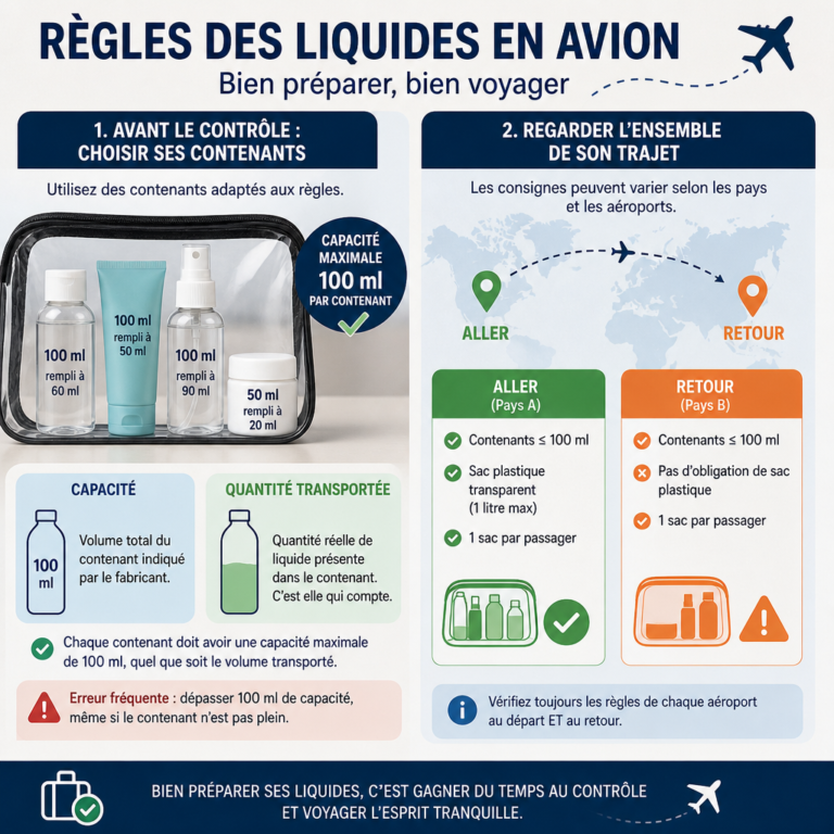 liquides en avion: Les règles sur les liquides en avion se préparent avant le contrôle, au moment de choisir ses contenants. Comprendre la différence entre leur capacité et la quantité réellement transportée permet d’éviter une erreur fréquente. Il faut également regarder l’ensemble de son trajet, car les consignes ne sont pas forcément identiques à l’aller et au retour.