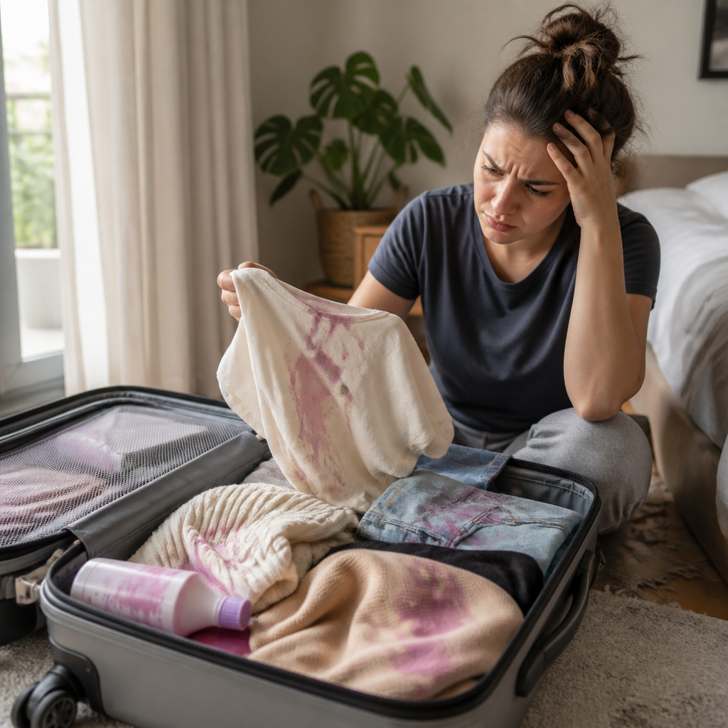 distributeur 4 en 1 escaleshop Une valise ouverte contenant des vêtements tachés par du shampoing qui s'est renversé, une personne l'air agacé, lumière naturelle, sans texte.