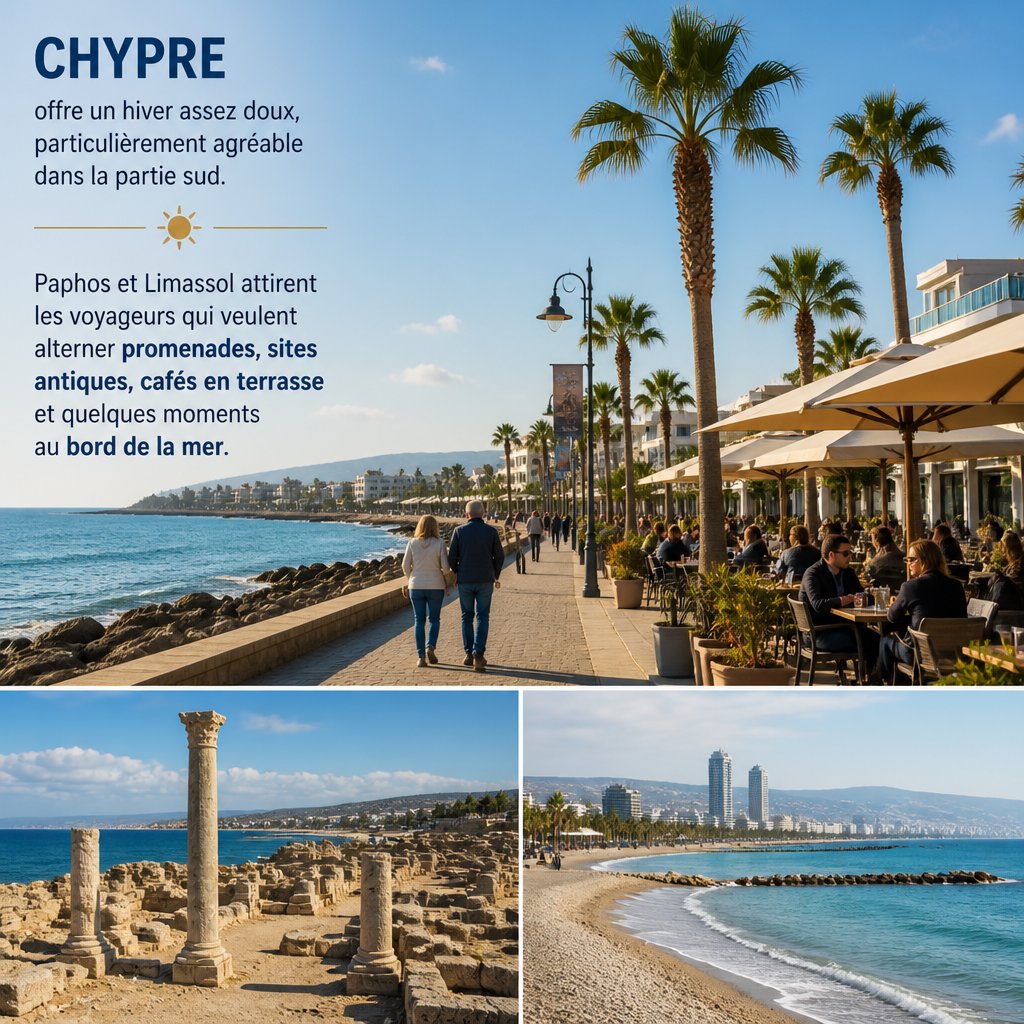 ai_6ab3428318b3c1.39810885 Chypre offre un hiver assez doux, particulièrement agréable dans la partie sud. Paphos et Limassol attirent les voyageurs qui veulent alterner promenades, sites antiques, cafés en terrasse et quelques moments au bord de la mer.