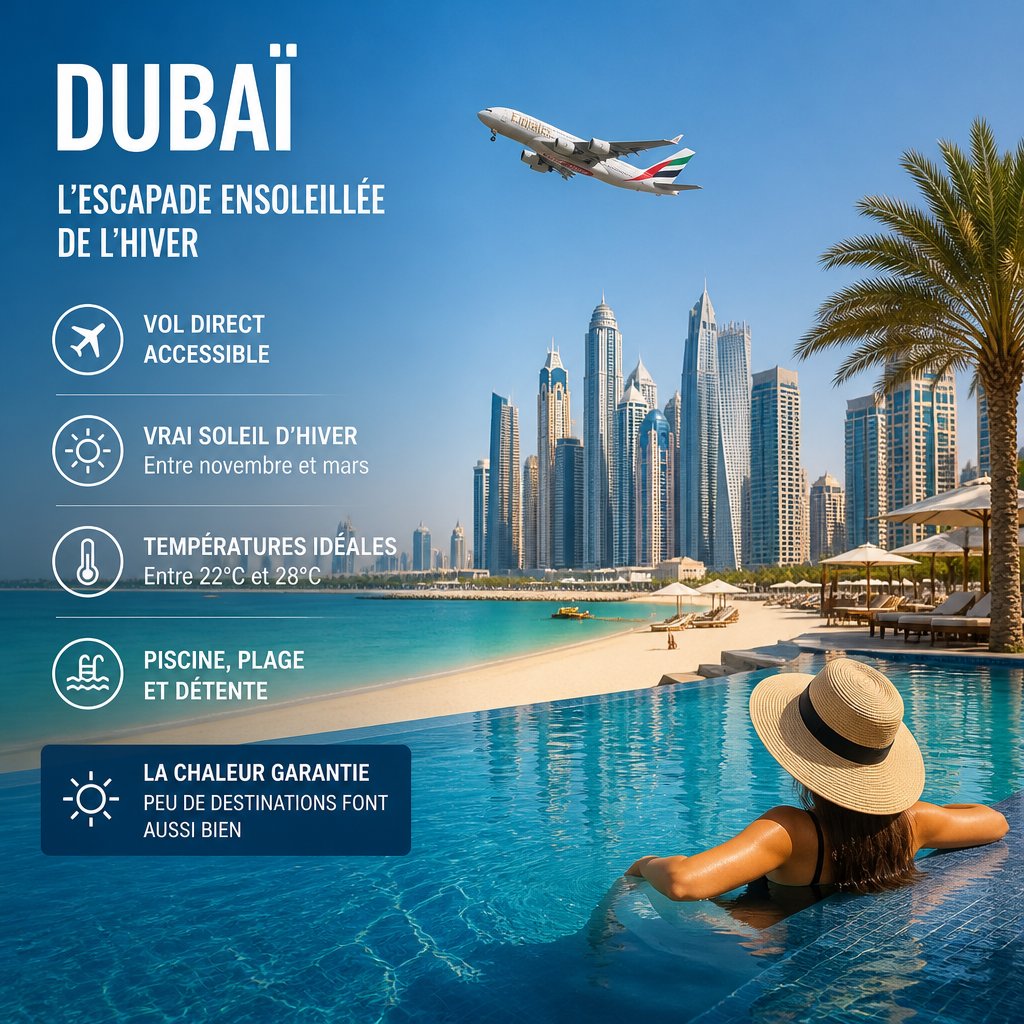 ai_6ab3431a8f7031.34239569 Dubaï n'est pas la plus proche géographiquement, mais elle reste accessible en vol direct et offre un vrai soleil d'hiver, avec des températures souvent idéales entre novembre et mars. Si votre priorité est de garantir la chaleur, la piscine et la plage, peu de destinations font aussi bien.