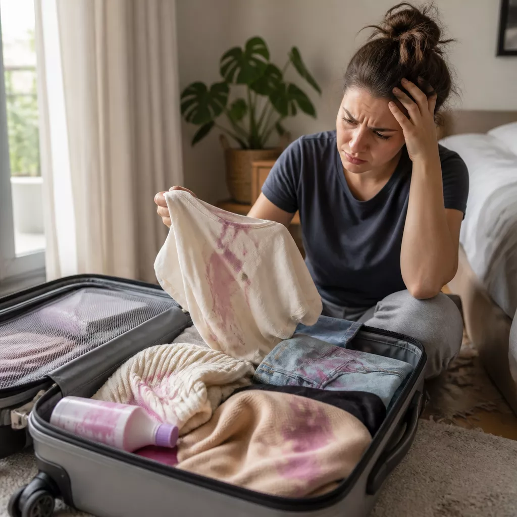 distributeur 4 en 1 escaleshop Une valise ouverte contenant des vêtements tachés par du shampoing qui s'est renversé, une personne l'air agacé, lumière naturelle, sans texte.