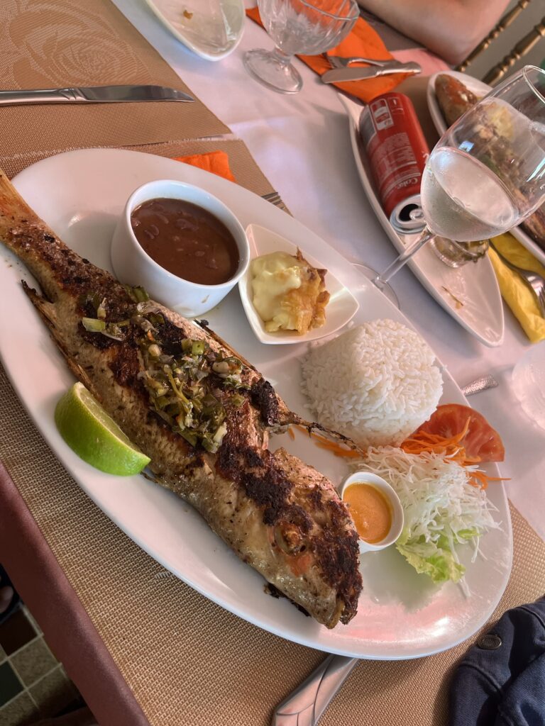 manger un beau poisson frais peché du jour en guadeloupe image d'une assiette bien rempli avec un beau poisson grillé