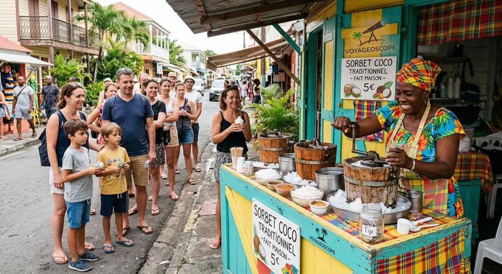 Marchande antillaise en robe madras souriante tournant la manivelle d'une sorbetière en bois sur une table colorée, avec des clients faisant la queue pour acheter un sorbet coco artisanal en Guadeloupe. Que faire en guadeloupe